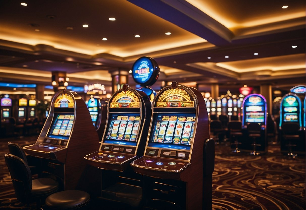 A bustling casino floor with various games and slot machines, surrounded by sleek and modern software interfaces