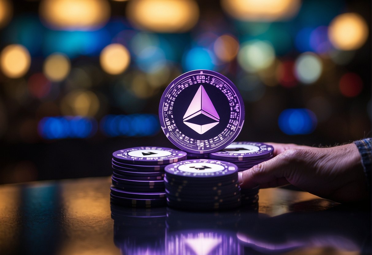 A hand reaches for a glowing Ethereum symbol among a row of casino chips and cards, with a sign reading "Best Ethereum Casino" in the background