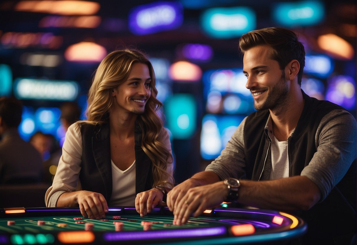 Players browse digital games at an Ethereum casino, surrounded by futuristic graphics and vibrant colors. The atmosphere is lively and filled with excitement