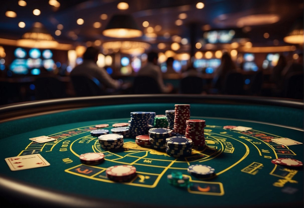 A digital casino with cryptocurrency logos, chips, and dice on a sleek, modern table, surrounded by anonymous players in a dimly lit, high-tech environment