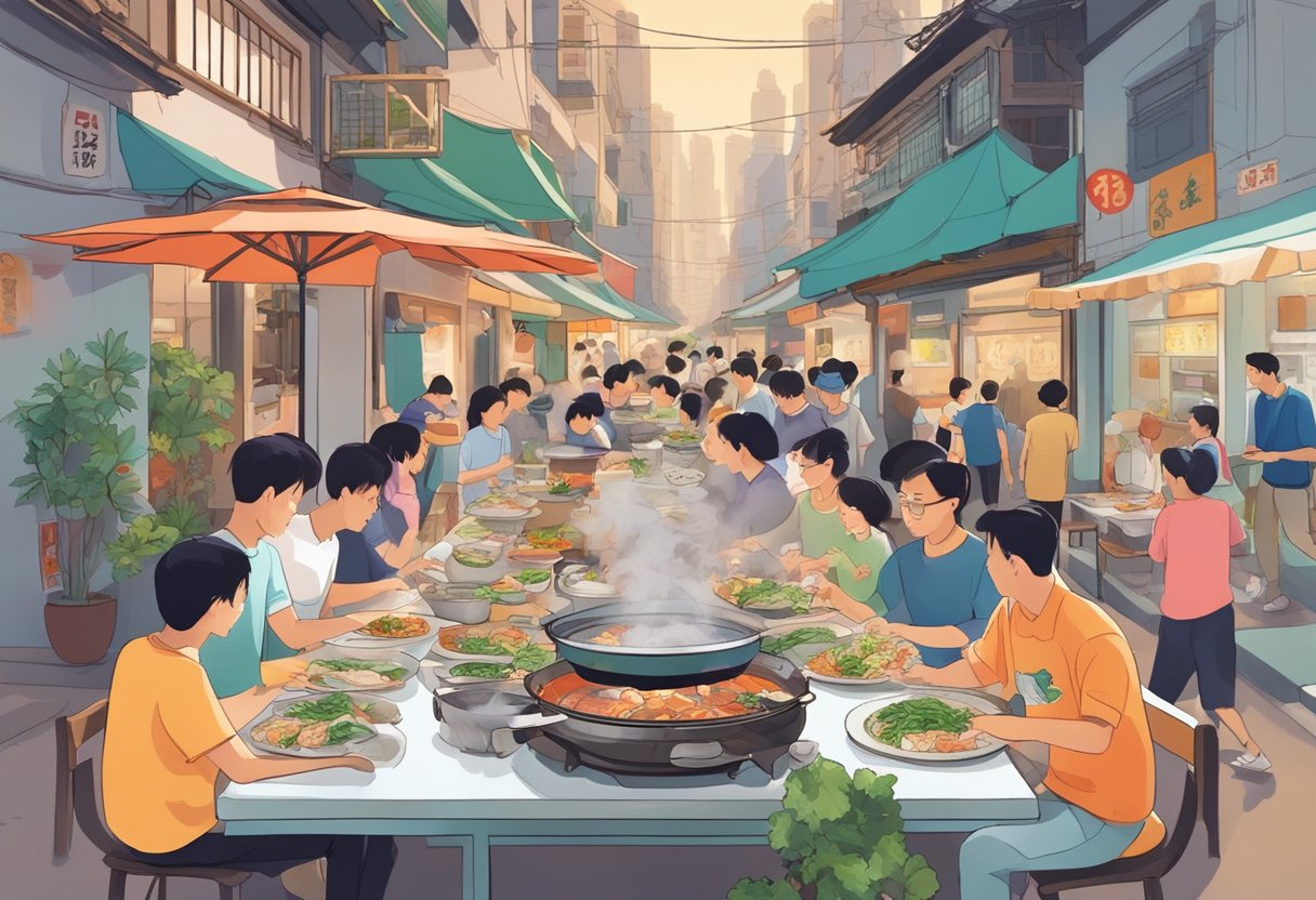 A table set with a steaming hotpot filled with fish head and vegetables, surrounded by diners enjoying the lively atmosphere of 136 Hong Kong Street