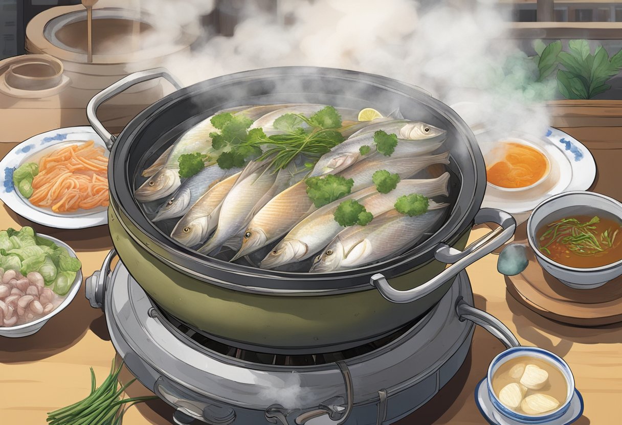 A bubbling pot of fish head steamboat sits on a table at 136 Hong Kong Street. Steam rises from the pot, and the aroma of the simmering broth fills the air