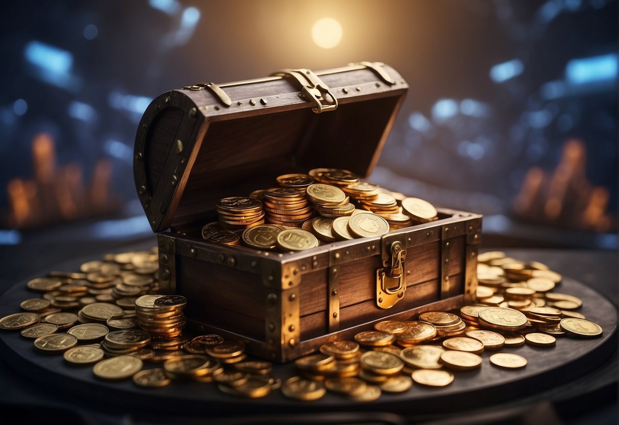 A treasure chest overflowing with cryptocurrency coins and tokens, surrounded by a futuristic, digital landscape