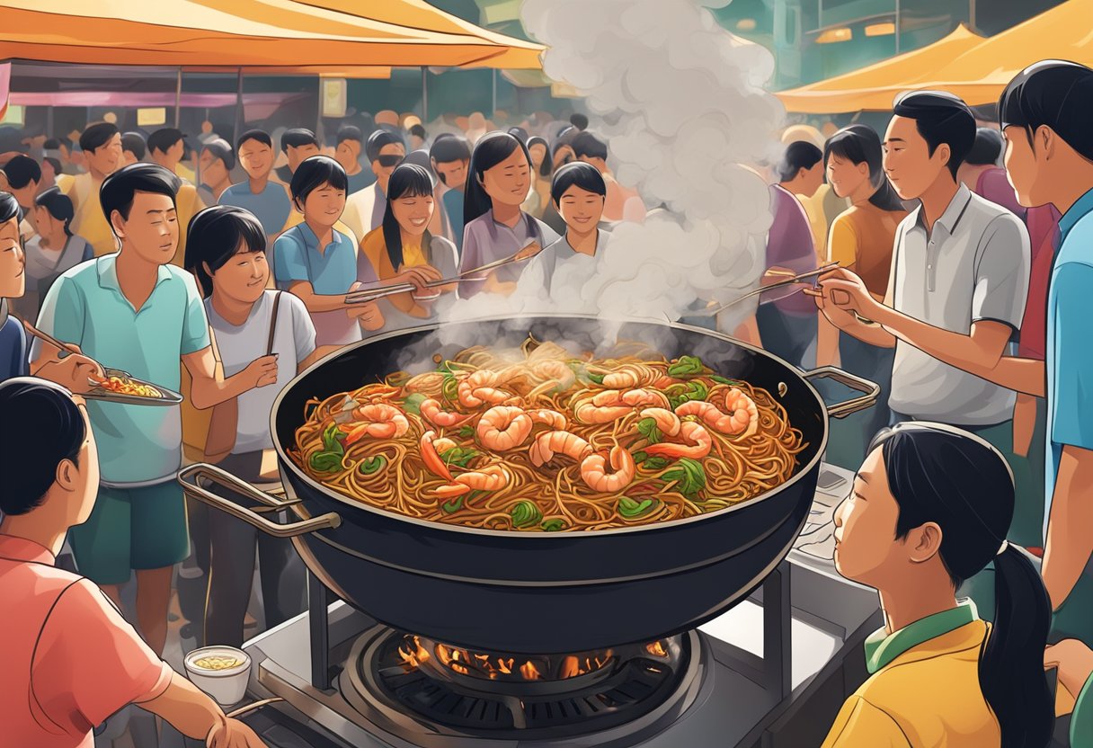 A sizzling wok of Hokkien prawn mee with fragrant smoke rising. A crowd of hungry patrons waiting eagerly in line