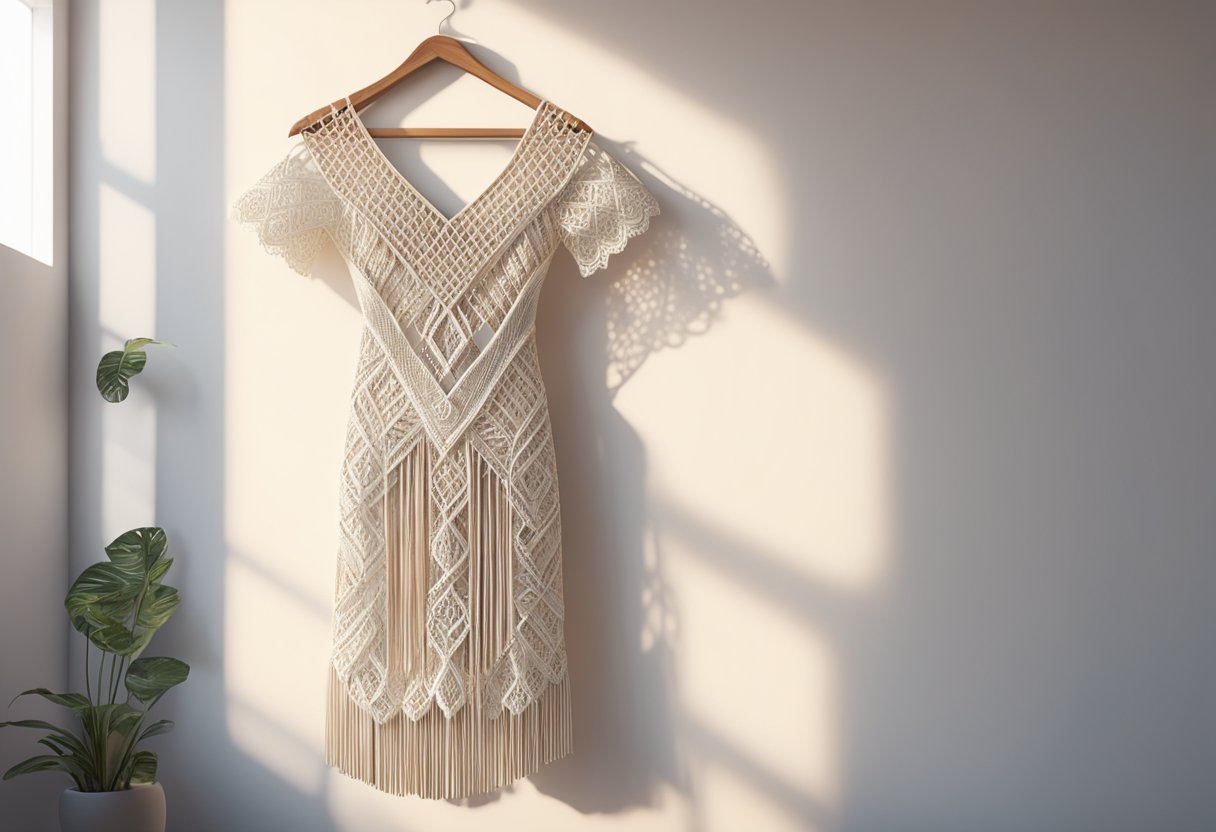A macrame dress hangs on a wooden hanger against a white wall. Sunlight filters through the window, casting shadows on the intricate patterns