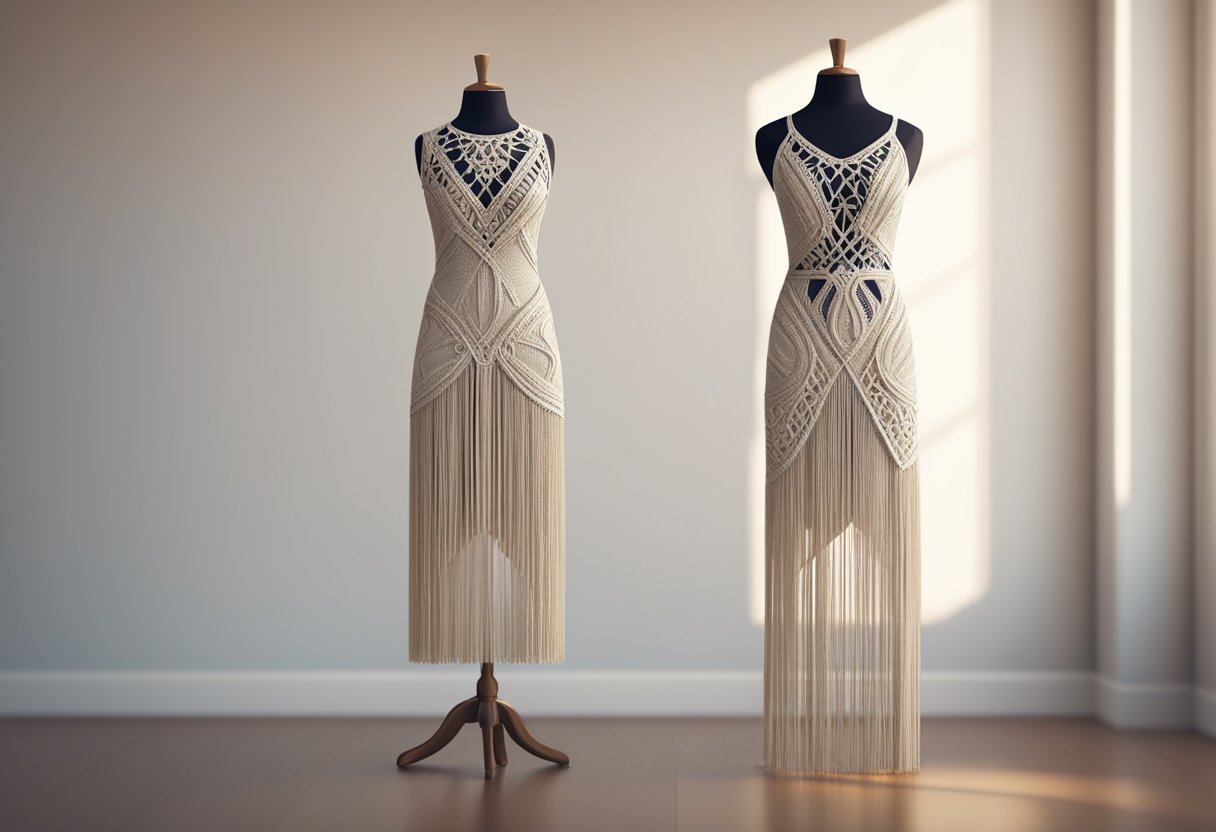A macrame dress hangs on a mannequin, intricate knot patterns and flowing fringe detail. The dress is displayed in a well-lit studio with a minimalist backdrop