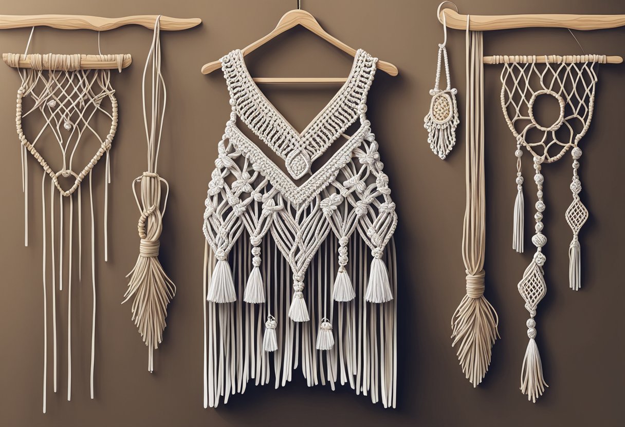 A handcrafted macrame dress hangs on a wooden hanger, with intricate knot patterns and flowing fringe