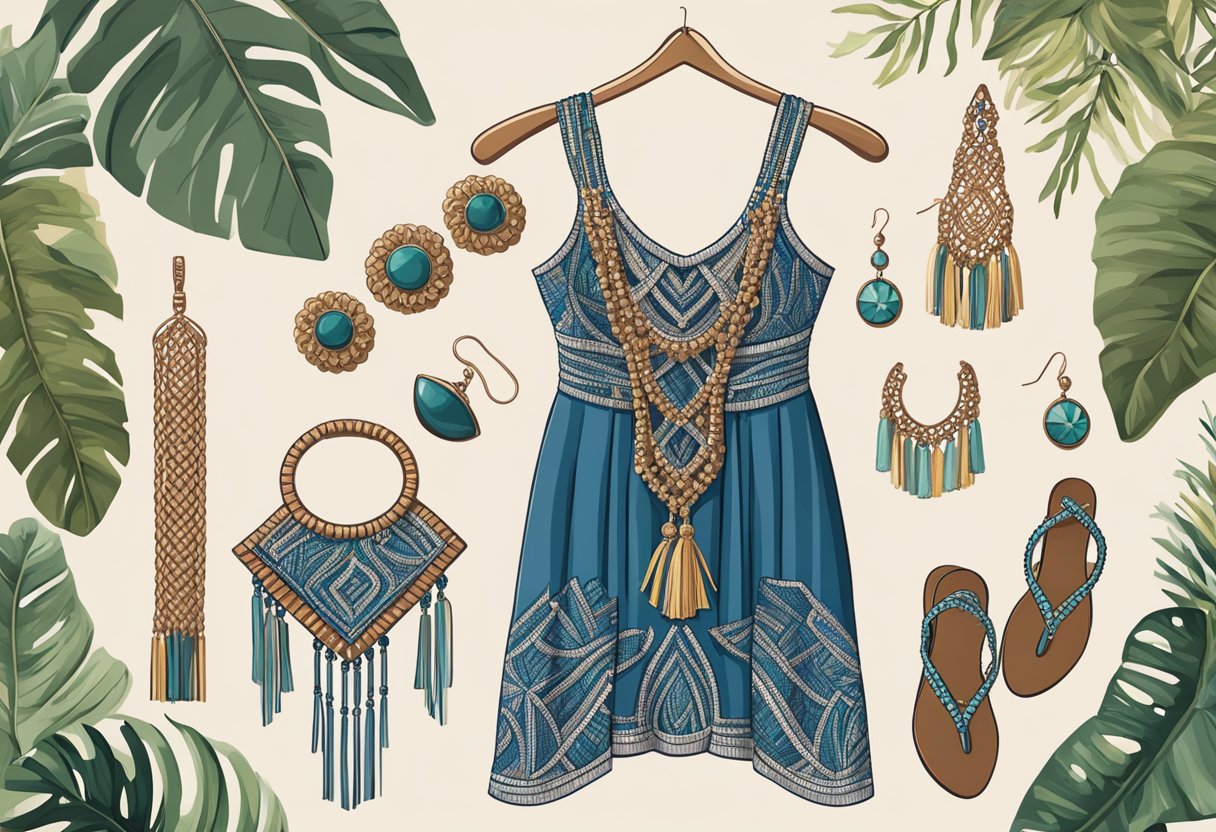 A macrame dress hangs on a wooden hanger, surrounded by various accessories like beaded belts, tassel earrings, and woven sandals