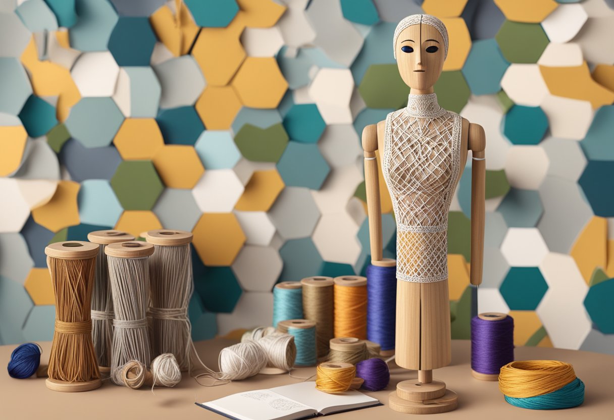 A wooden mannequin wearing a macrame dress, surrounded by spools of colorful thread and a pattern book