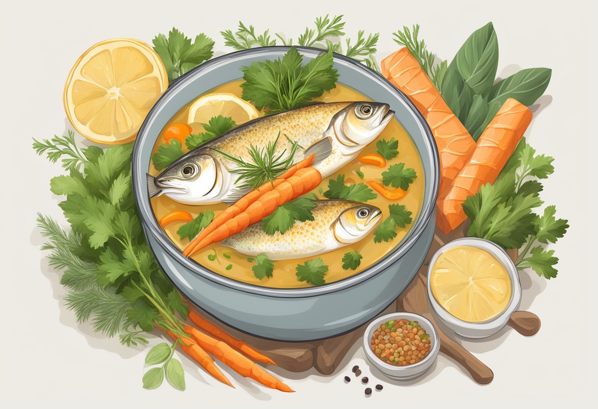 A steaming bowl of fish soup with herbs and spices, surrounded by fresh ingredients and a rustic bowl