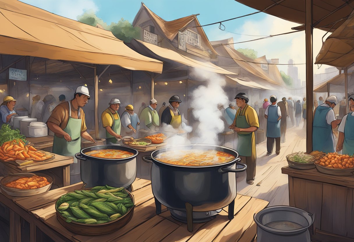 A steaming pot of fish soup sits on a rustic wooden table in a bustling market. The aroma wafts through the air, as vendors call out their latest updates to passersby