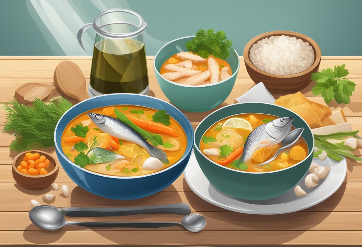 A steaming bowl of fish soup surrounded by various ingredients and a spoon on a wooden table