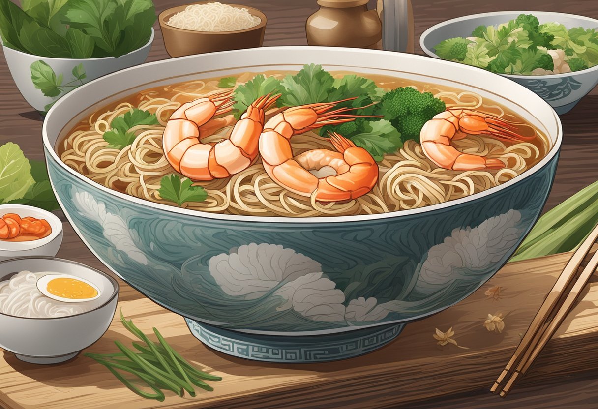 A steaming bowl of 545 Whampoa prawn noodles sits on a rustic wooden table, surrounded by fresh ingredients and traditional cooking utensils. The rich, flavorful broth and plump prawns are the focal point, evoking the history and