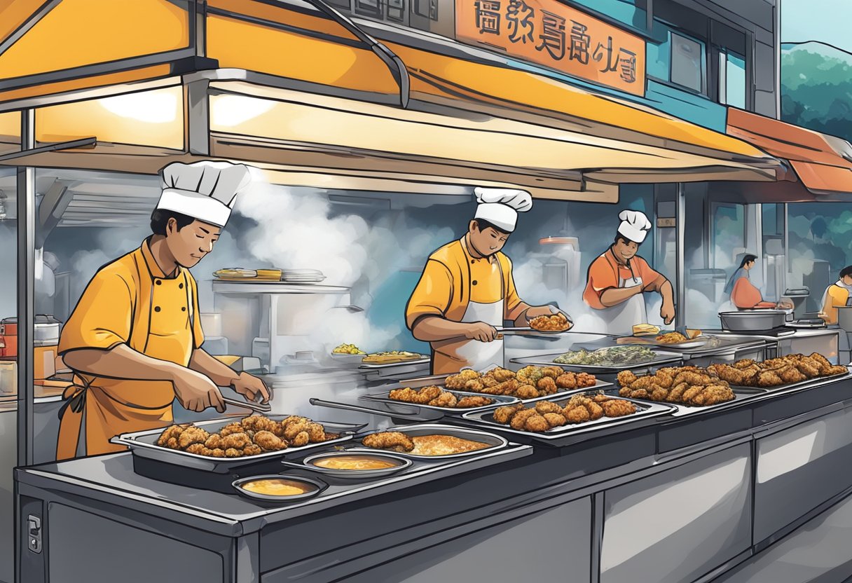 A bustling street food stall at Practical Information 85 Bedok North, with a chef expertly cooking fried oysters over a sizzling hot grill
