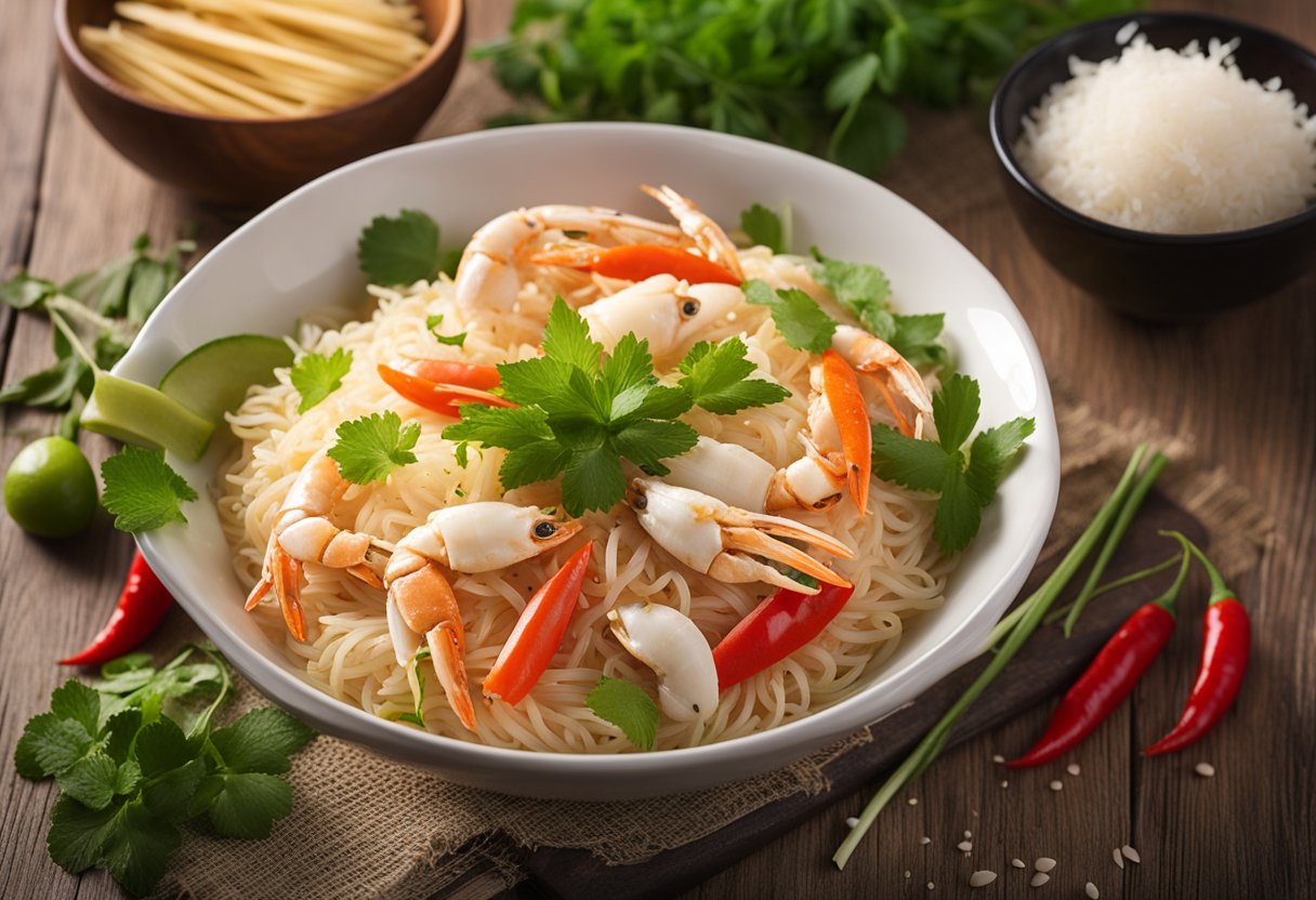 A bowl of crab-flavored rice vermicelli sits on a rustic wooden table, garnished with fresh herbs and slices of red chili