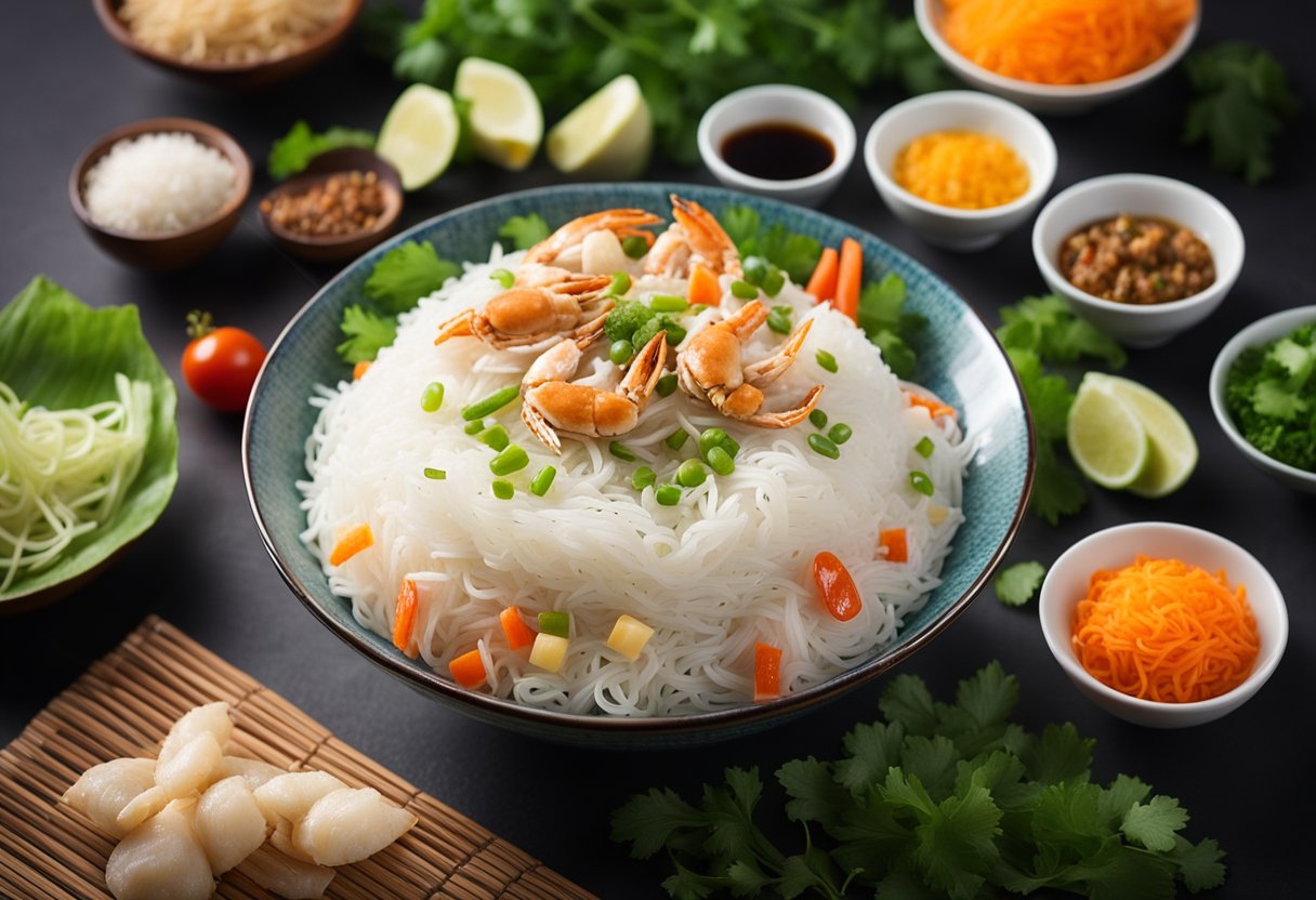 A bowl of crab-flavored rice vermicelli with various ingredients and flavors arranged around it