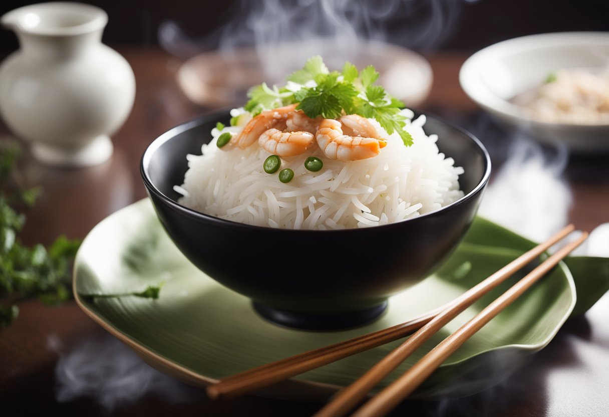 A steaming bowl of rice vermicelli sits on a table, filled with savory crab flavor. Steam rises from the dish, and a pair of chopsticks rest beside it