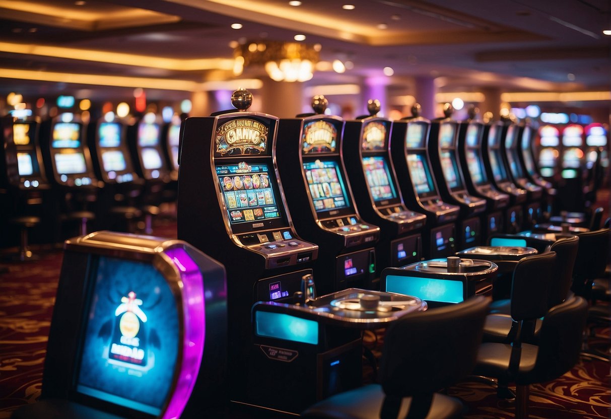 A vibrant casino floor filled with digital slot machines, card tables, and a bustling crowd of players enjoying a decentralized gaming experience