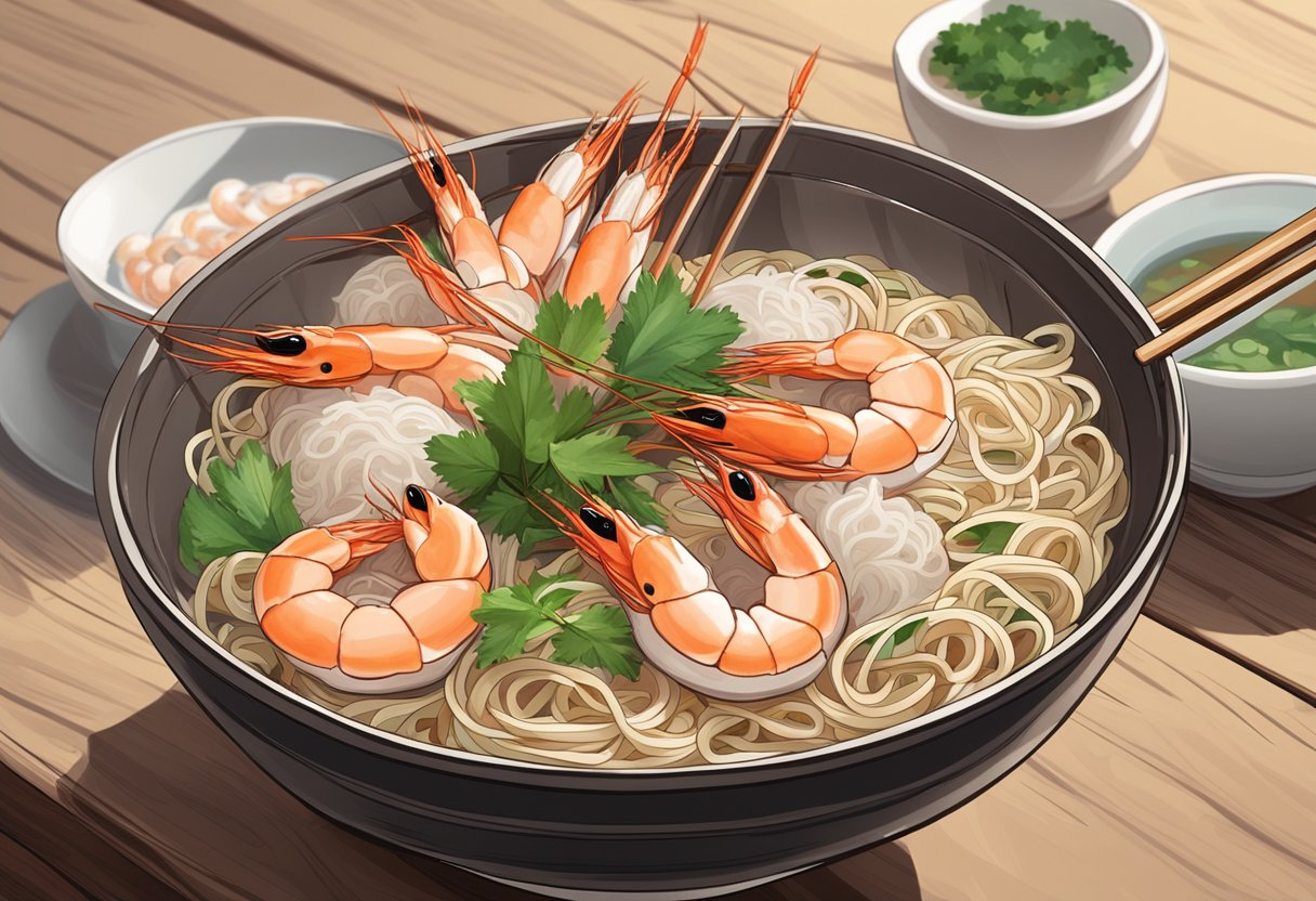 A steaming bowl of 58 prawn noodle, topped with fresh prawns and garnished with herbs, sits on a rustic wooden table. A pair of chopsticks rests on the side, ready for the diner to dig in