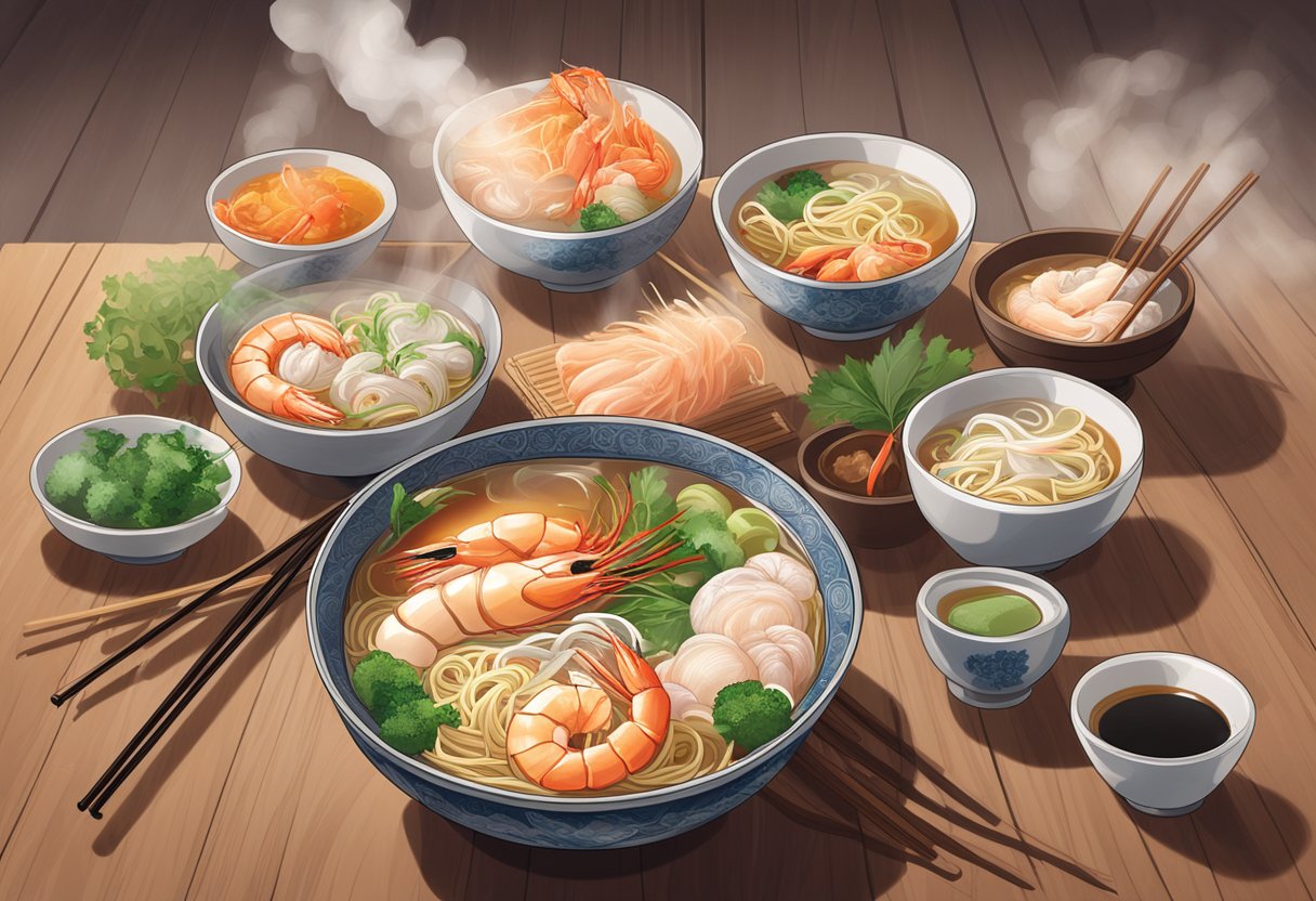 A bowl of steaming prawn noodle soup sits on a wooden table, surrounded by condiments and chopsticks. Steam rises from the bowl, and the rich aroma of seafood and spices fills the air