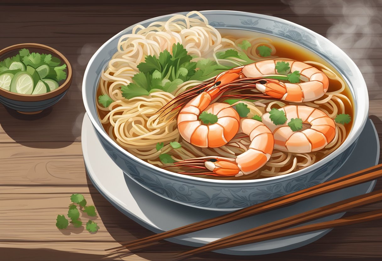 A steaming bowl of prawn noodles sits on a rustic wooden table, garnished with fresh prawns, green onions, and chili. Steam rises from the fragrant broth, creating a mouthwatering scene
