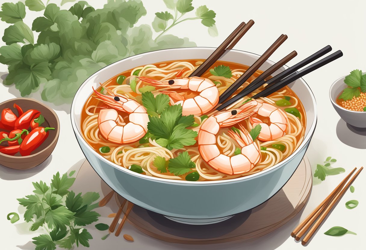 A steaming bowl of prawn noodle soup with chopsticks resting on the side, surrounded by scattered chili flakes and fresh herbs