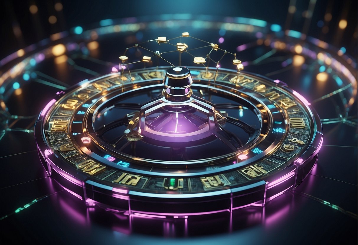 A futuristic casino with digital currency symbols, decentralized network nodes, and transparent blockchain technology