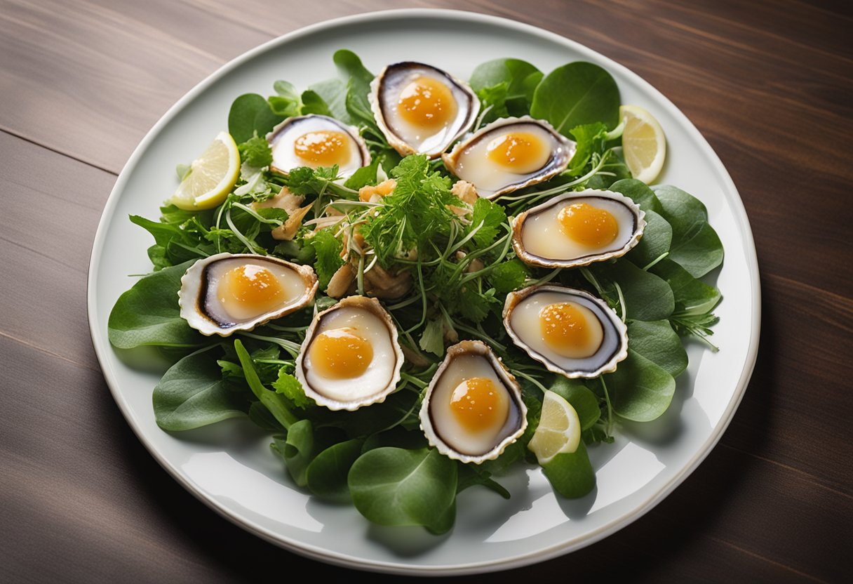 A plate of sliced abalone arranged with garnishes and drizzled with sauce, placed on a bed of fresh greens