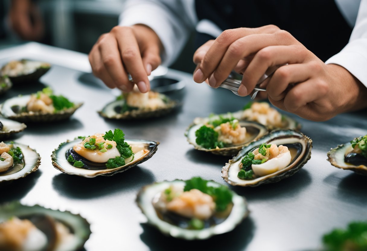 A hand reaches for a fresh abalone, while a chef carefully prepares the shellfish for an appetizer