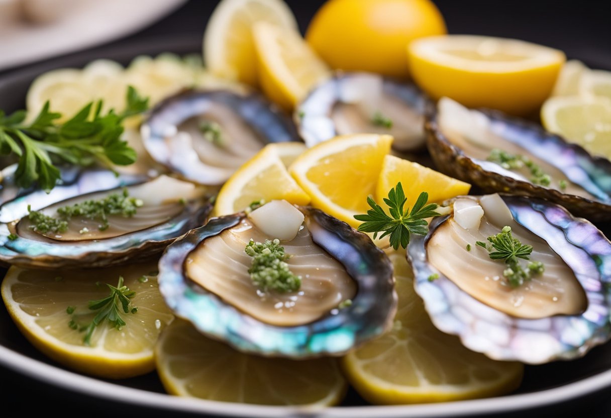 Slicing abalone, marinating in citrus, and searing on a hot grill. Mixing herbs and spices for a zesty dipping sauce