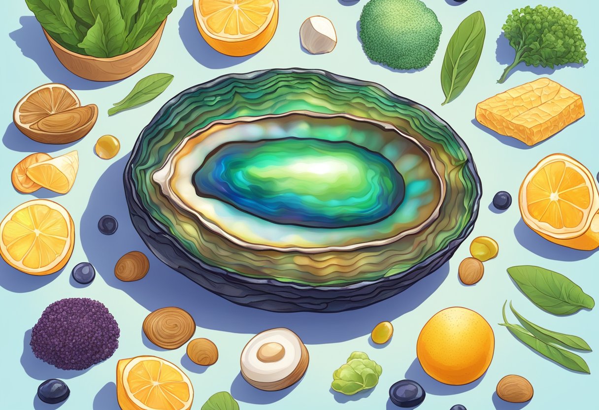 A vibrant abalone shell surrounded by a variety of nutrient-rich foods, with a glowing halo representing its health benefits