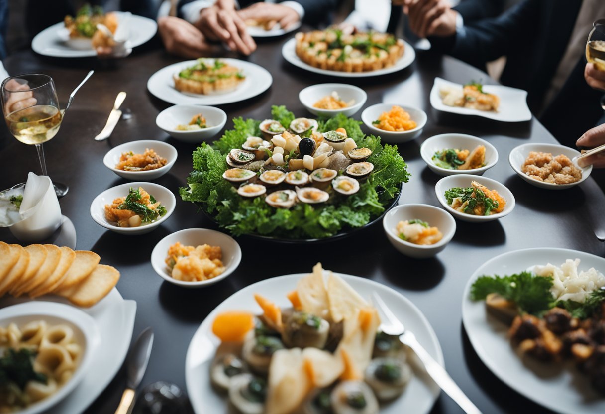 A table set with various abalone appetizers, surrounded by curious diners