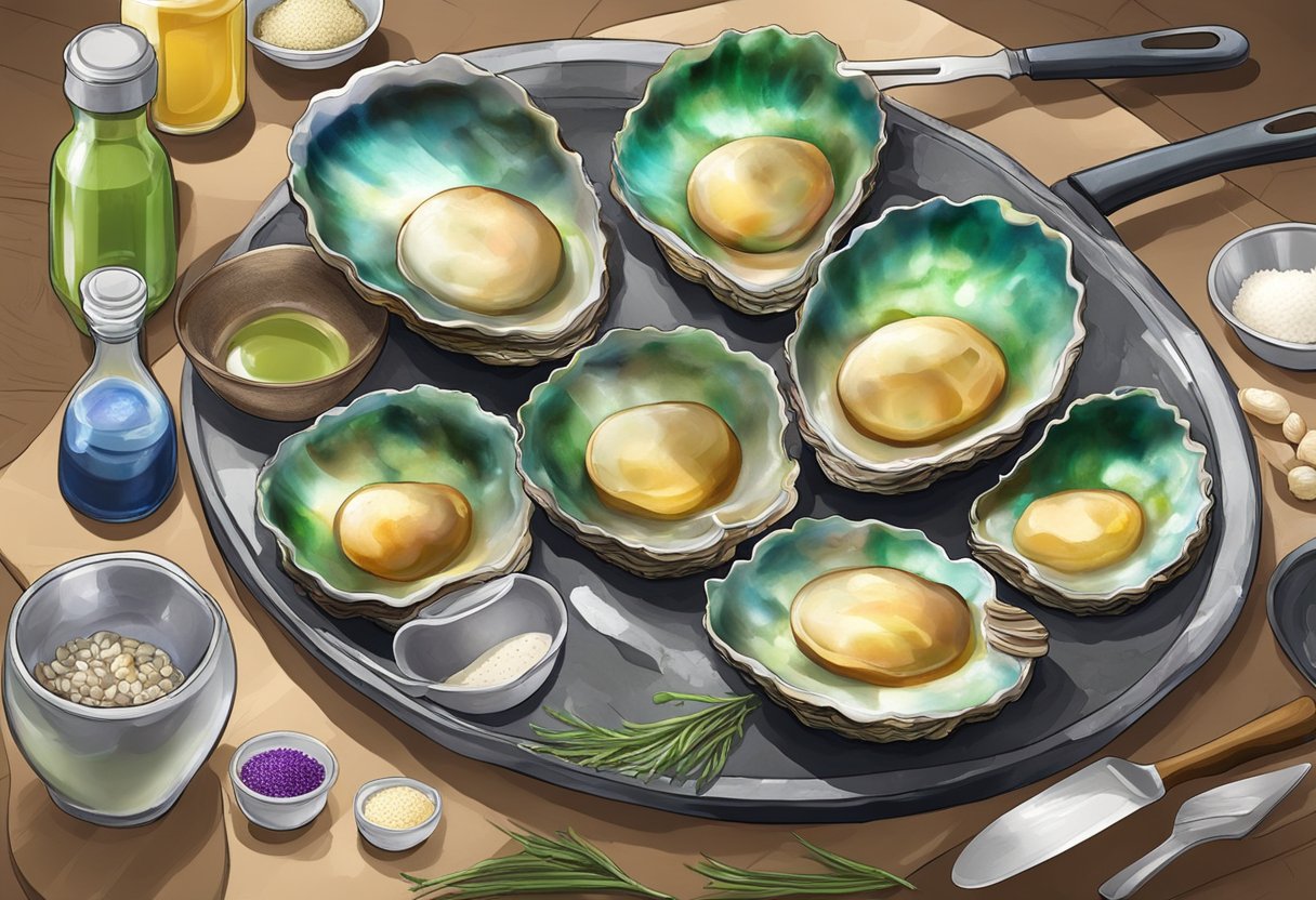 An abalone being prepared with various culinary tools and ingredients, showcasing its versatility and potential uses in cooking