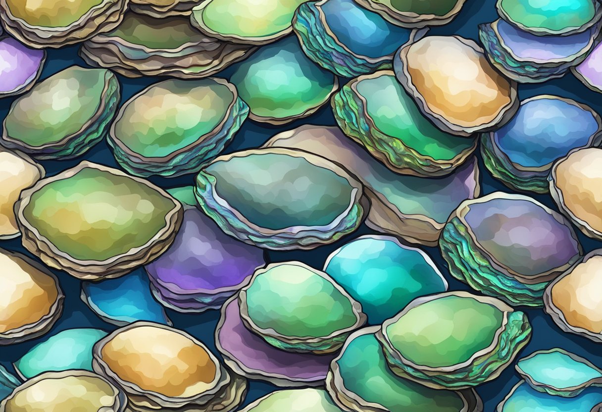 A pile of colorful abalone shells arranged with a sign reading "Frequently Asked Questions about abalone benefits" in a marine-themed setting
