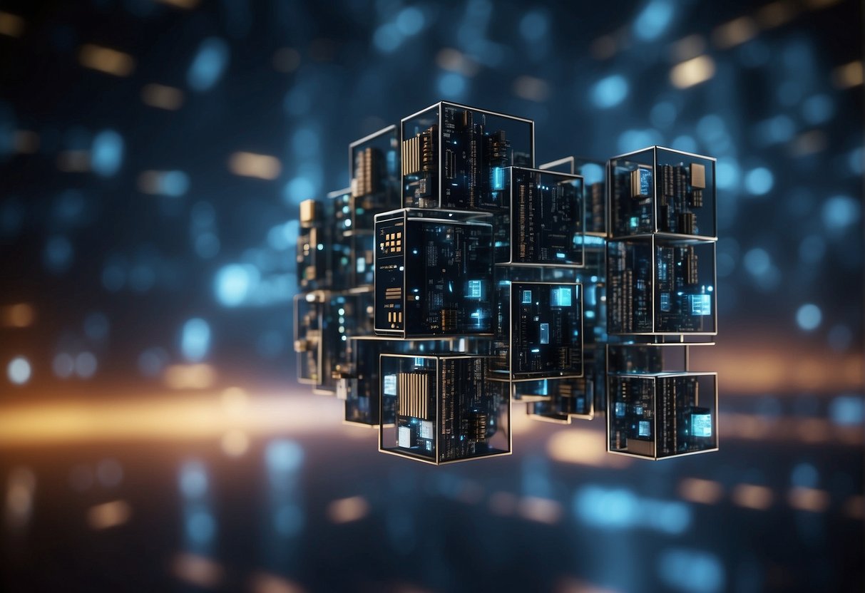 A network of interconnected blocks with encrypted data, secured by cryptographic techniques, representing the foundation of blockchain technology