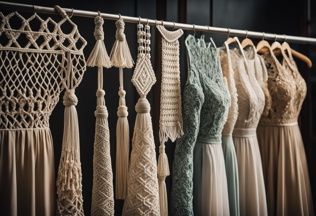 A display of modern macrame dresses in various colors and styles, hanging on a clothing rack with soft lighting to showcase the intricate details