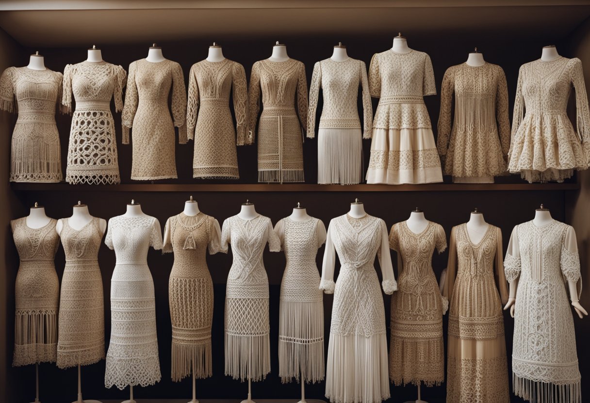 A collection of macrame dresses from different eras, showcasing the evolution of styles. Trendy designs for 2024 feature intricate knotwork and modern silhouettes