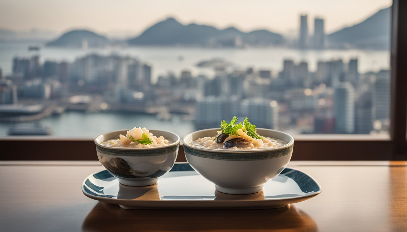 A steaming bowl of abalone porridge sits on a wooden table in Busan, with the city's bustling port visible through the window