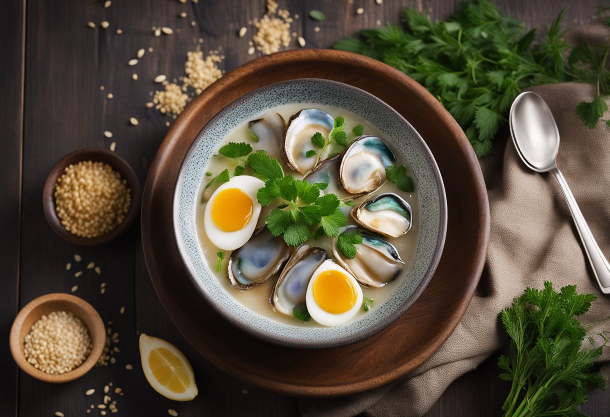 A steaming bowl of abalone porridge sits on a wooden table, surrounded by a scattering of fresh herbs and a delicate drizzle of sesame oil