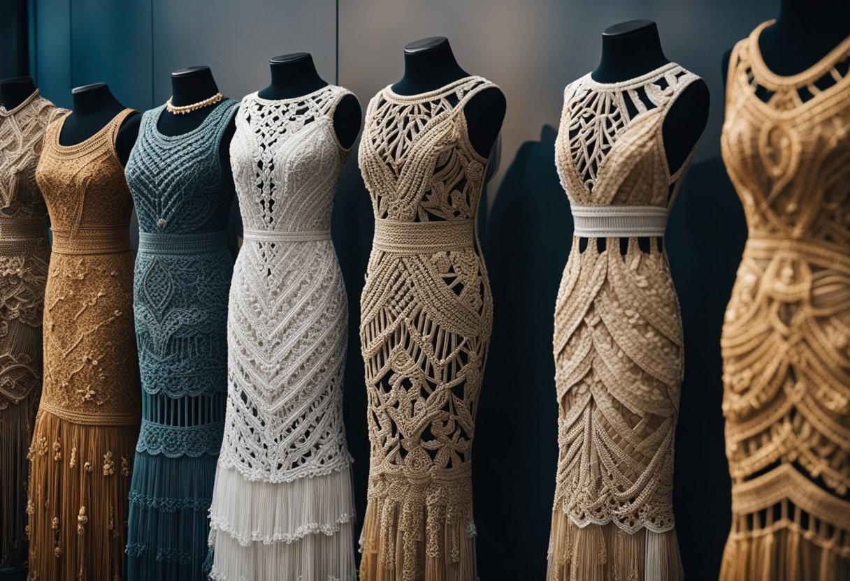 A display of intricate macrame dresses in various colors and styles, showcasing the latest trends for 2024