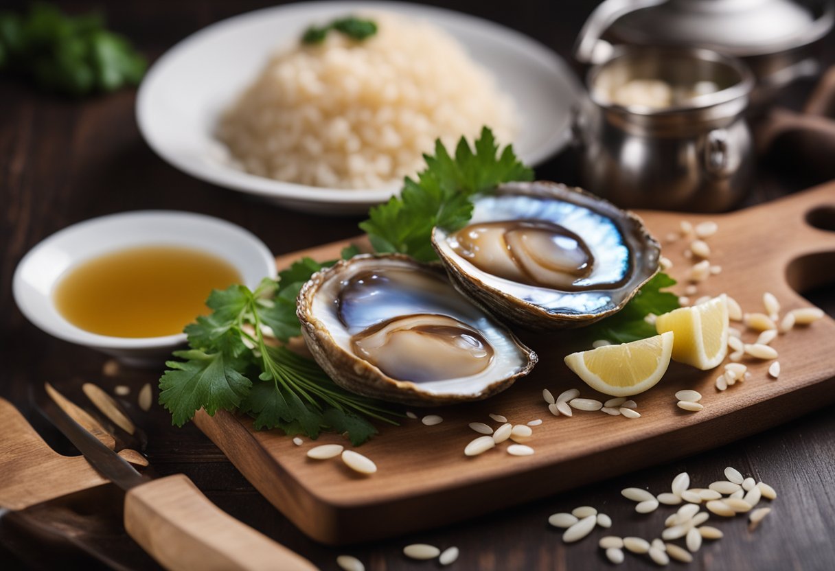 Fresh abalone, rice, and broth are laid out on a wooden cutting board. A pot of simmering broth bubbles on the stove