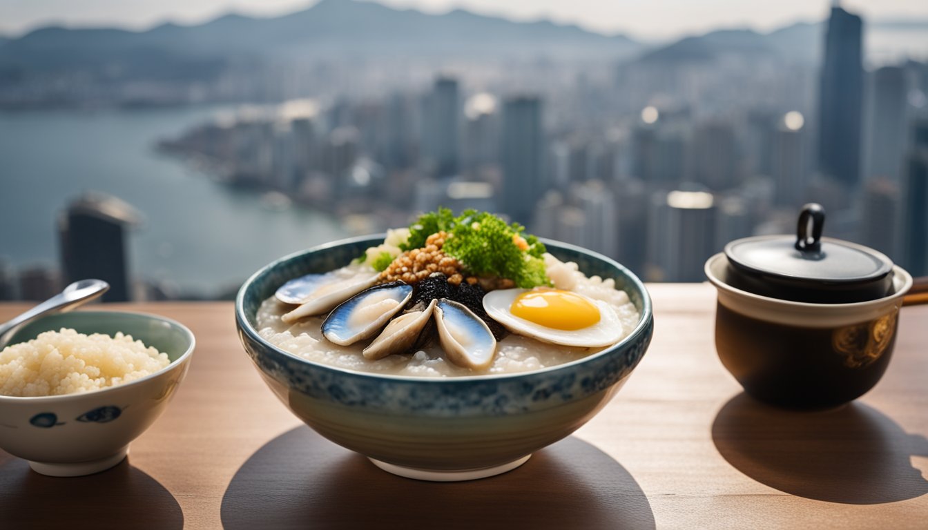 A steaming bowl of abalone porridge sits on a wooden table, surrounded by traditional Korean condiments and utensils, with a view of Busan's bustling streets in the background