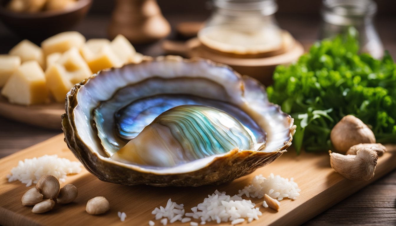 An abalone shell sits on a wooden cutting board, surrounded by fresh ingredients like ginger, scallions, and rice. A pot of broth simmers on the stove, ready to be poured over the abalone for the porridge
