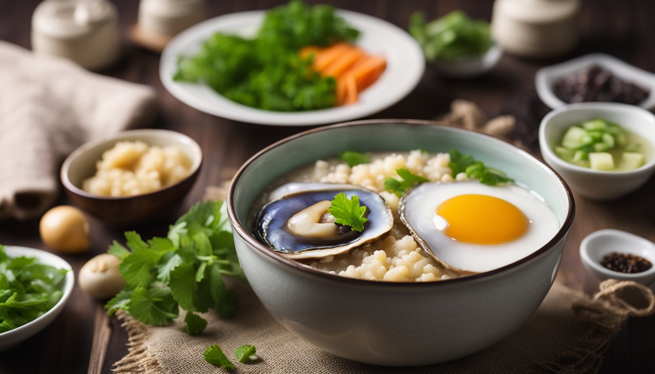 A steaming bowl of abalone porridge surrounded by fresh ingredients and a recipe book