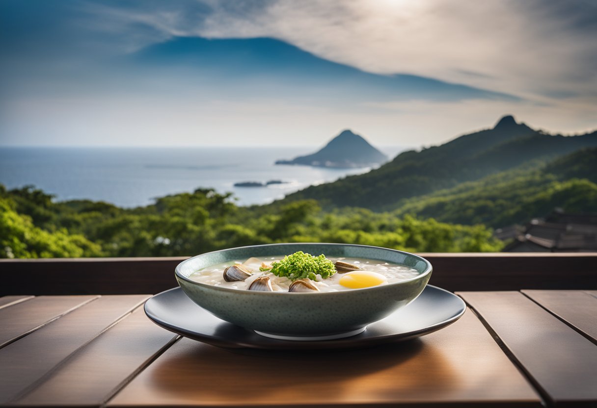 A steaming bowl of abalone porridge sits on a wooden table with a scenic view of Jeju Island in the background