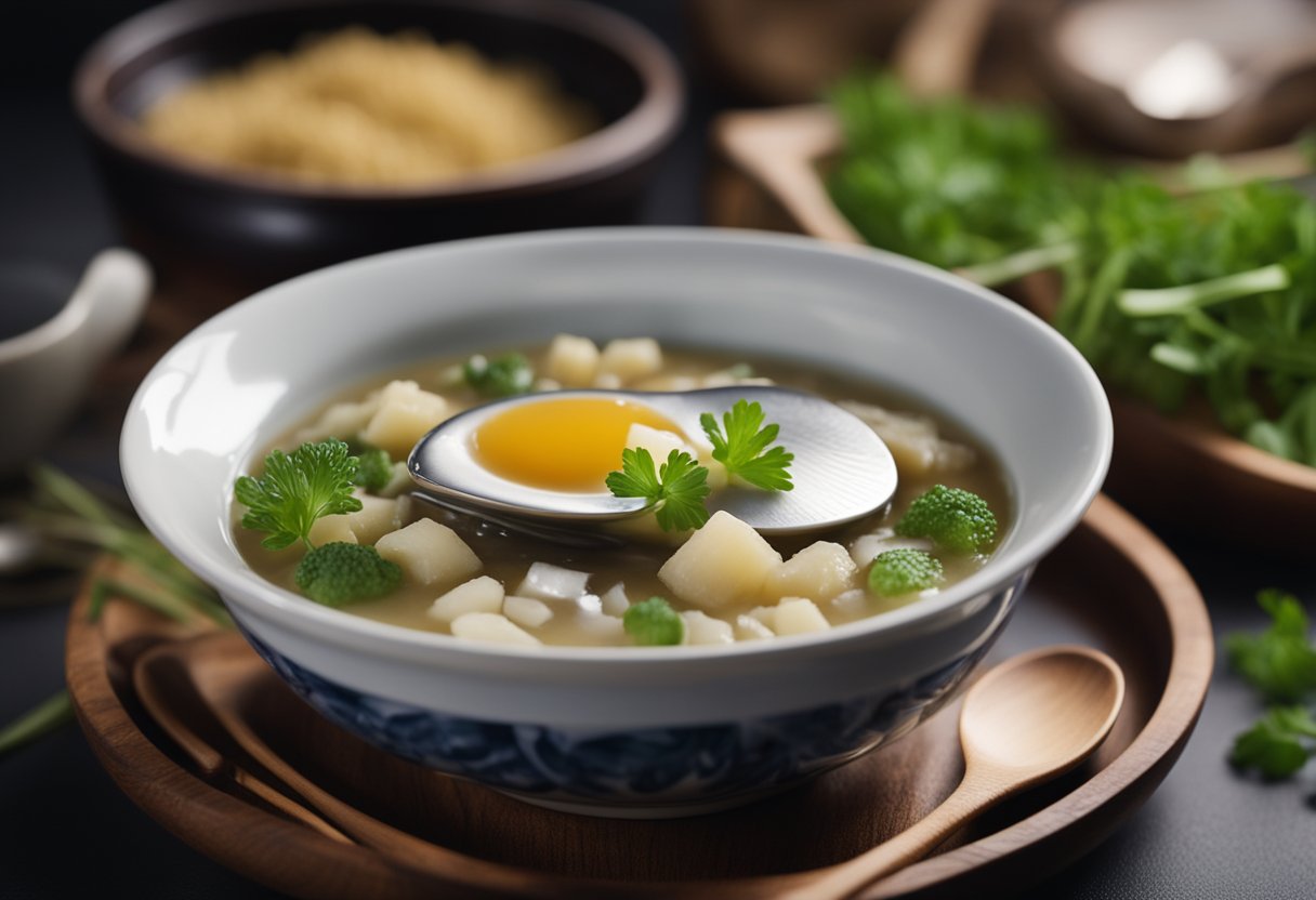 Abalone is being added to a pot of simmering porridge, with a wooden spoon stirring the mixture. Ingredients like ginger and scallions are laid out nearby