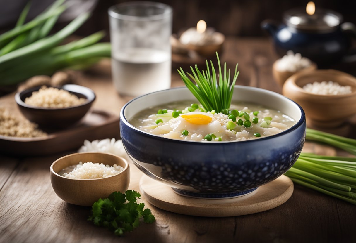 A steaming bowl of abalone porridge sits on a wooden table, garnished with green onions and sesame seeds. Steam rises from the bowl, creating a warm and inviting scene