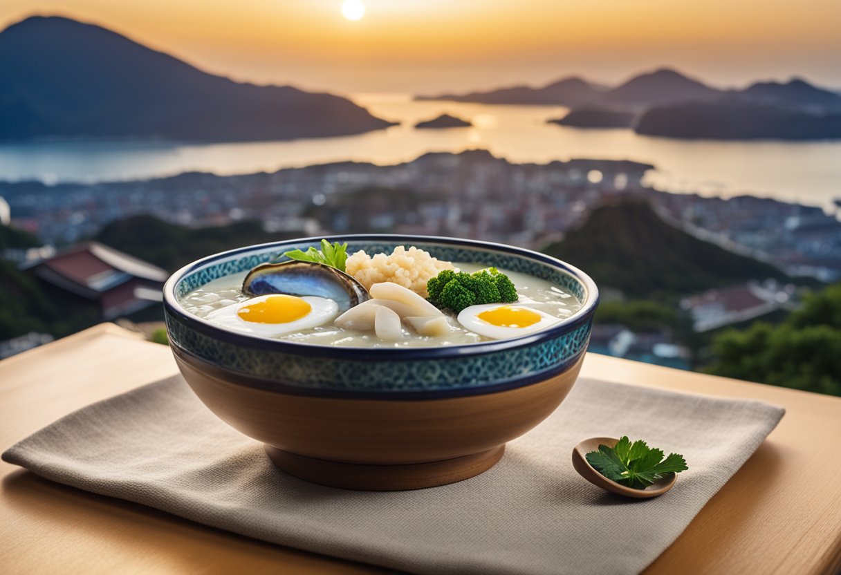 A steaming bowl of abalone porridge sits on a wooden table, surrounded by colorful Jeju scenery and traditional Korean pottery