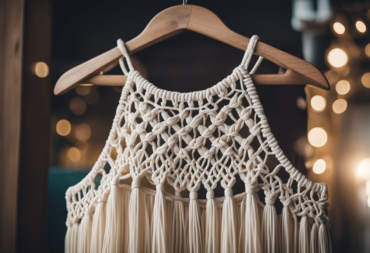 A neatly hung macrame dress with care instructions and a fashion magazine showing 2024 trends