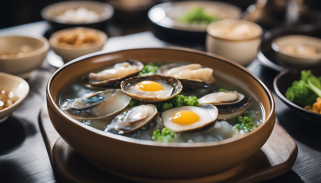 A steaming bowl of abalone porridge sits on a table surrounded by traditional Korean dining utensils and decor, capturing the cultural and dining experience of Busan